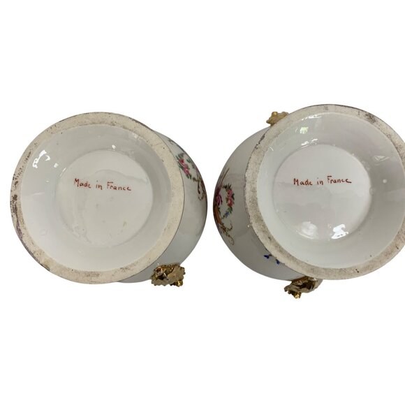 VTG French Ceramic Pots Set Of Two 6" H X 5.5" Dia Gold Filigree Birds G10530 - Picture 9 of 9